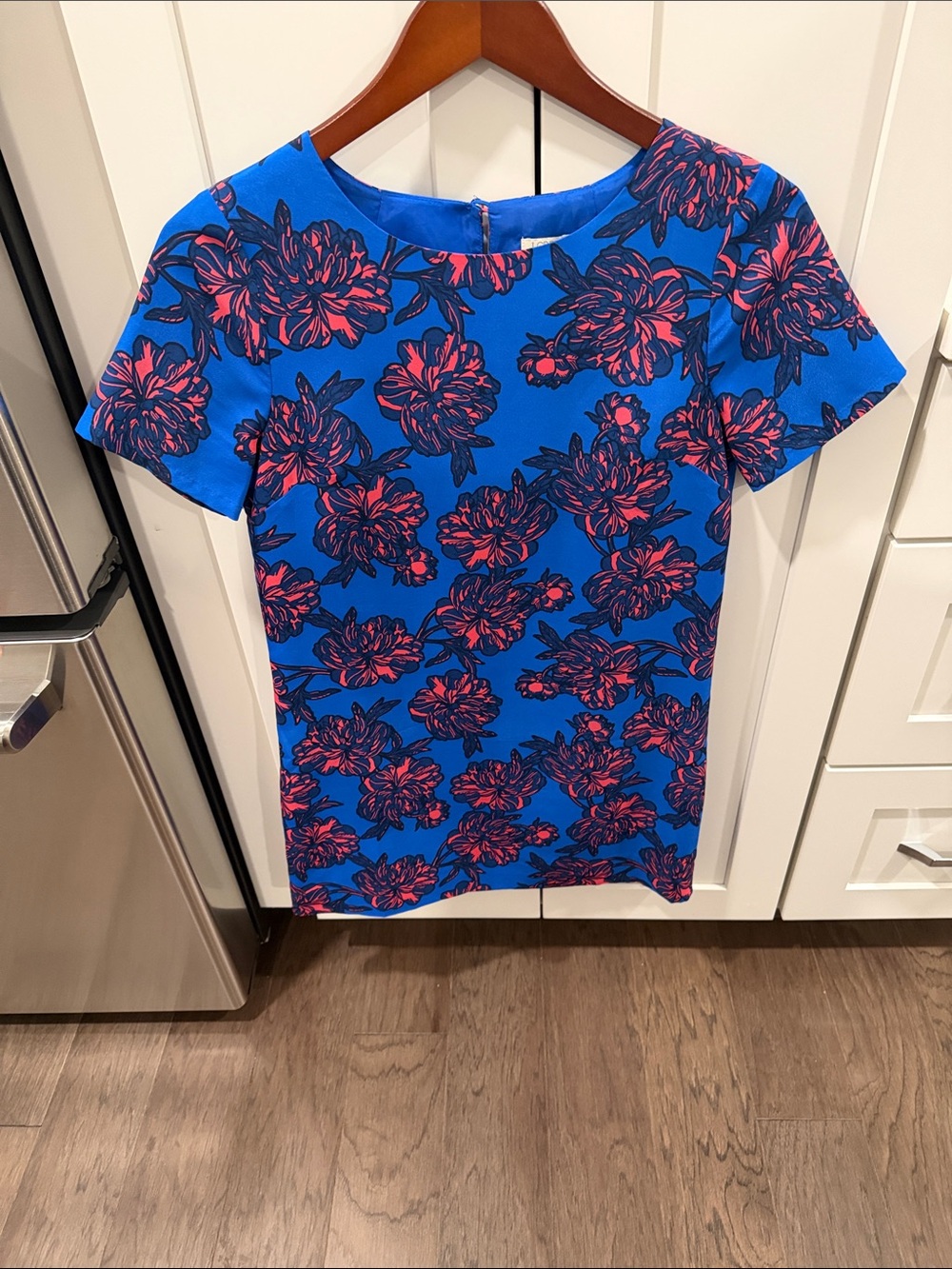 J. Crew Cobalt Blue Short Sleeve with Pink Floral Motif Dress